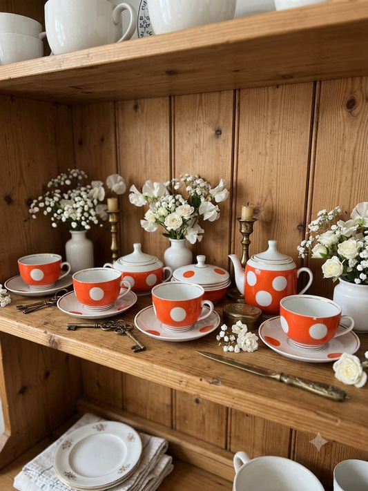 Vintage Soviet Polka Dot Porcelain Tea Set – 15 Piece Mid-Century Tea Service