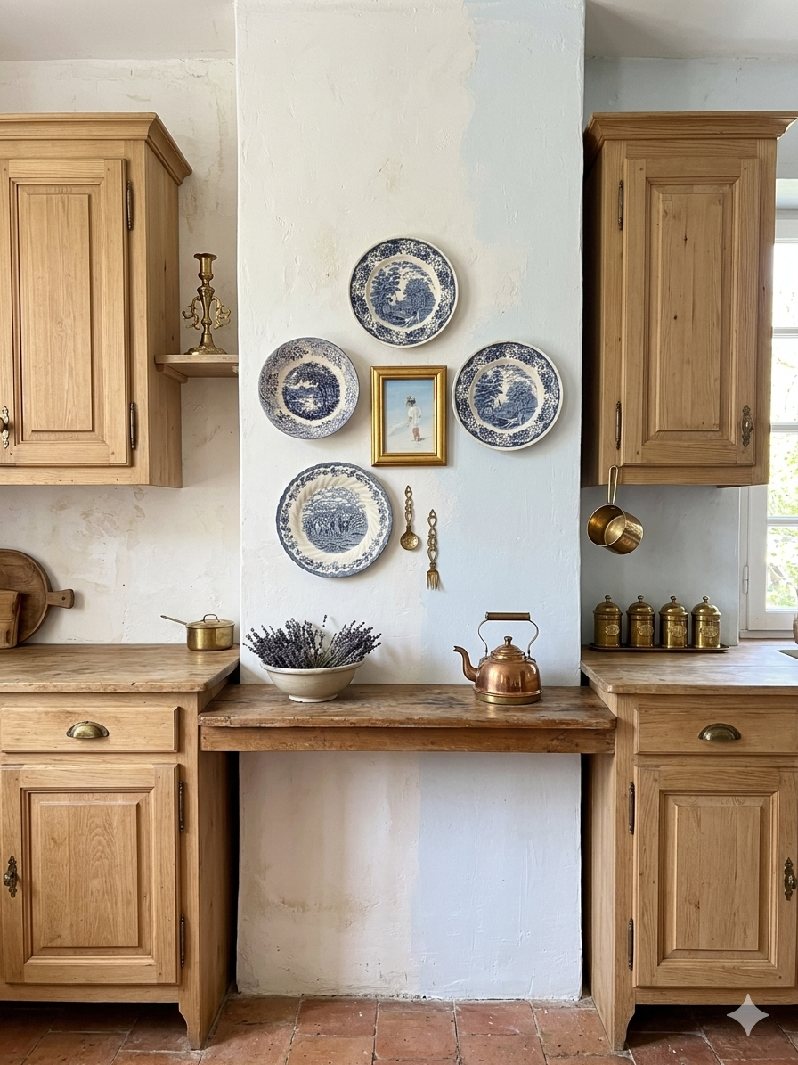 Vintage Blue & White Gallery Wall Set : Willow Style English Plates + Brass Spoons