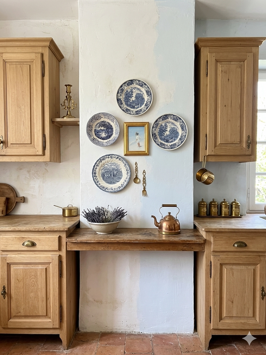 Vintage Blue & White Gallery Wall Set : Willow Style English Plates + Brass Spoons