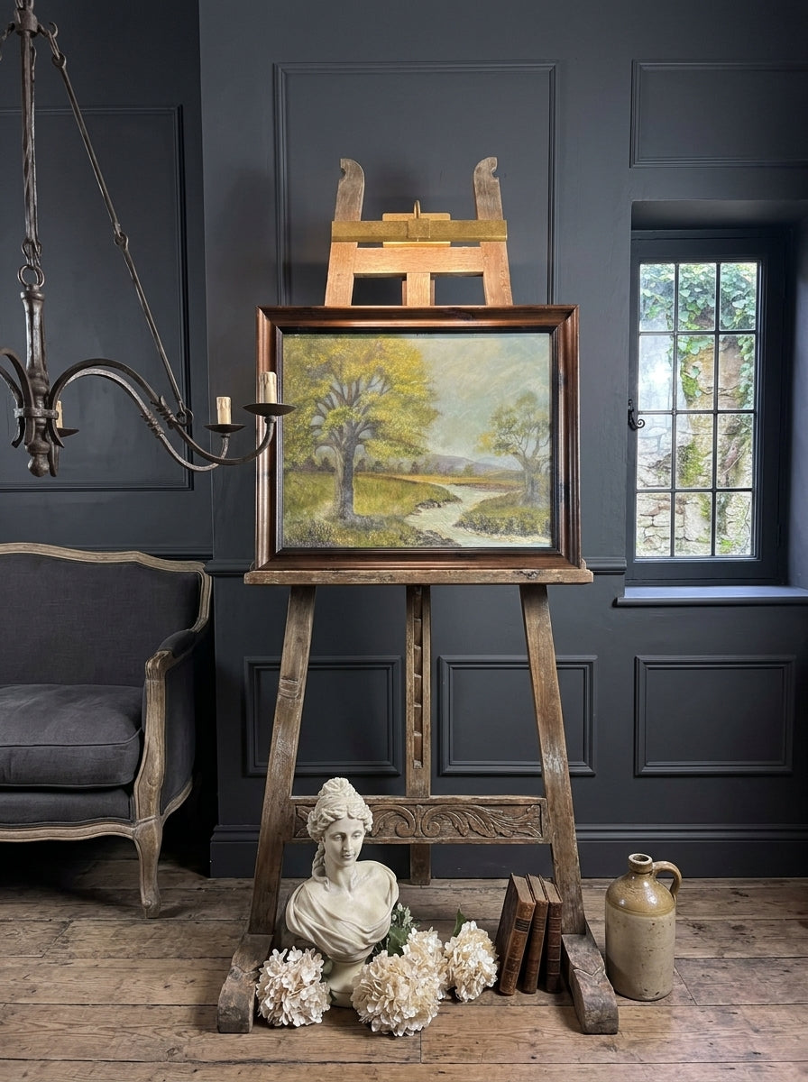 Vintage Landscape Oil Painting by E. Henstock, -Rustic Farmhouse Frame