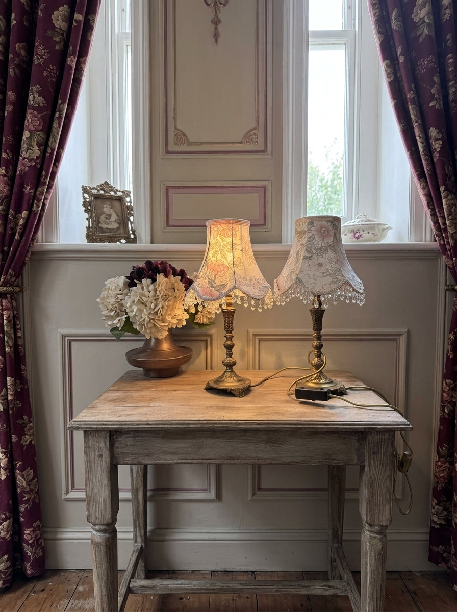 Vintage Brass Candlestick Table Lamps with Floral Lampshades  – Matching Pair