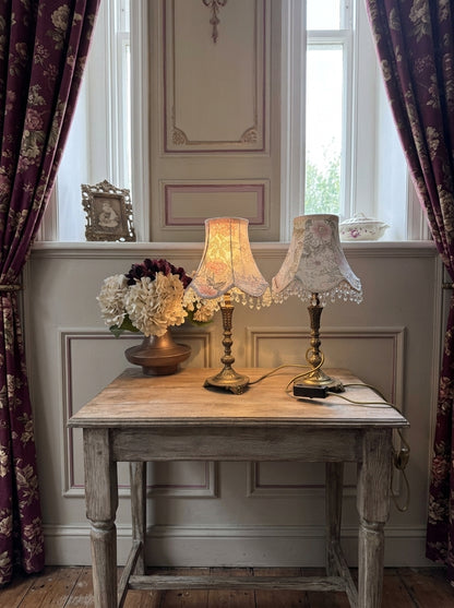 Vintage Brass Candlestick Table Lamps with Floral Lampshades  – Matching Pair