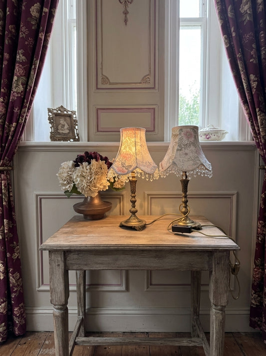 Vintage Brass Candlestick Table Lamps with Floral Lampshades  – Matching Pair