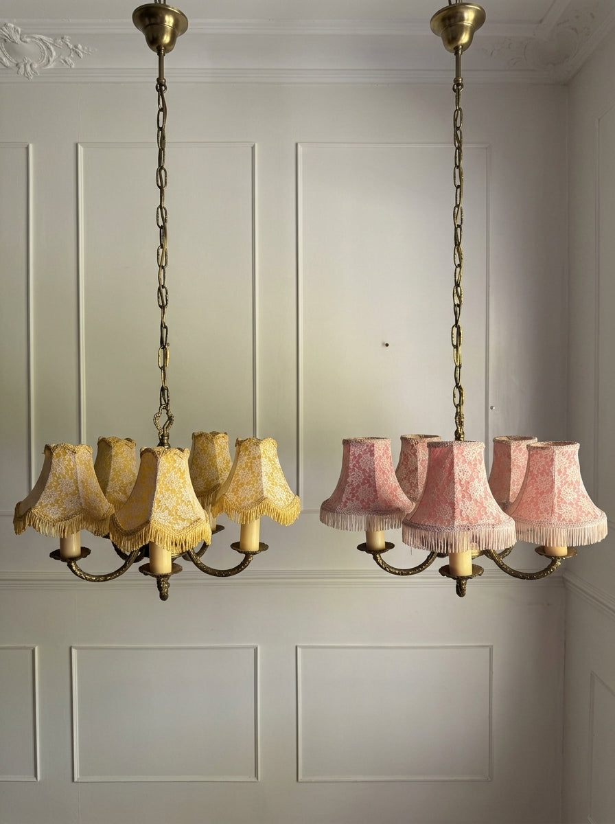 Vintage Brass 5 Arm Chandelier with Lace Tassel Lampshades