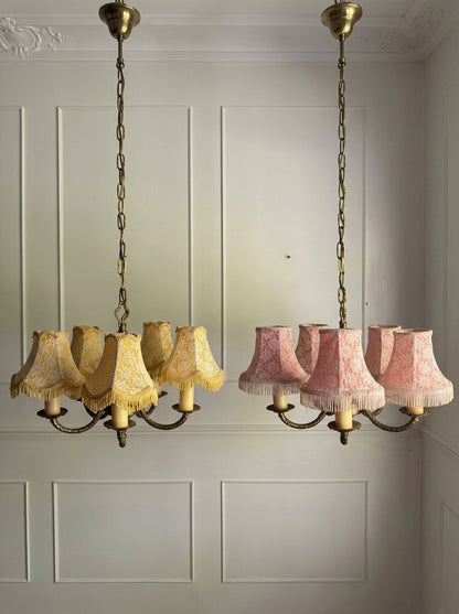 Vintage Brass 5 Arm Chandelier with Lace Tassel Lampshades