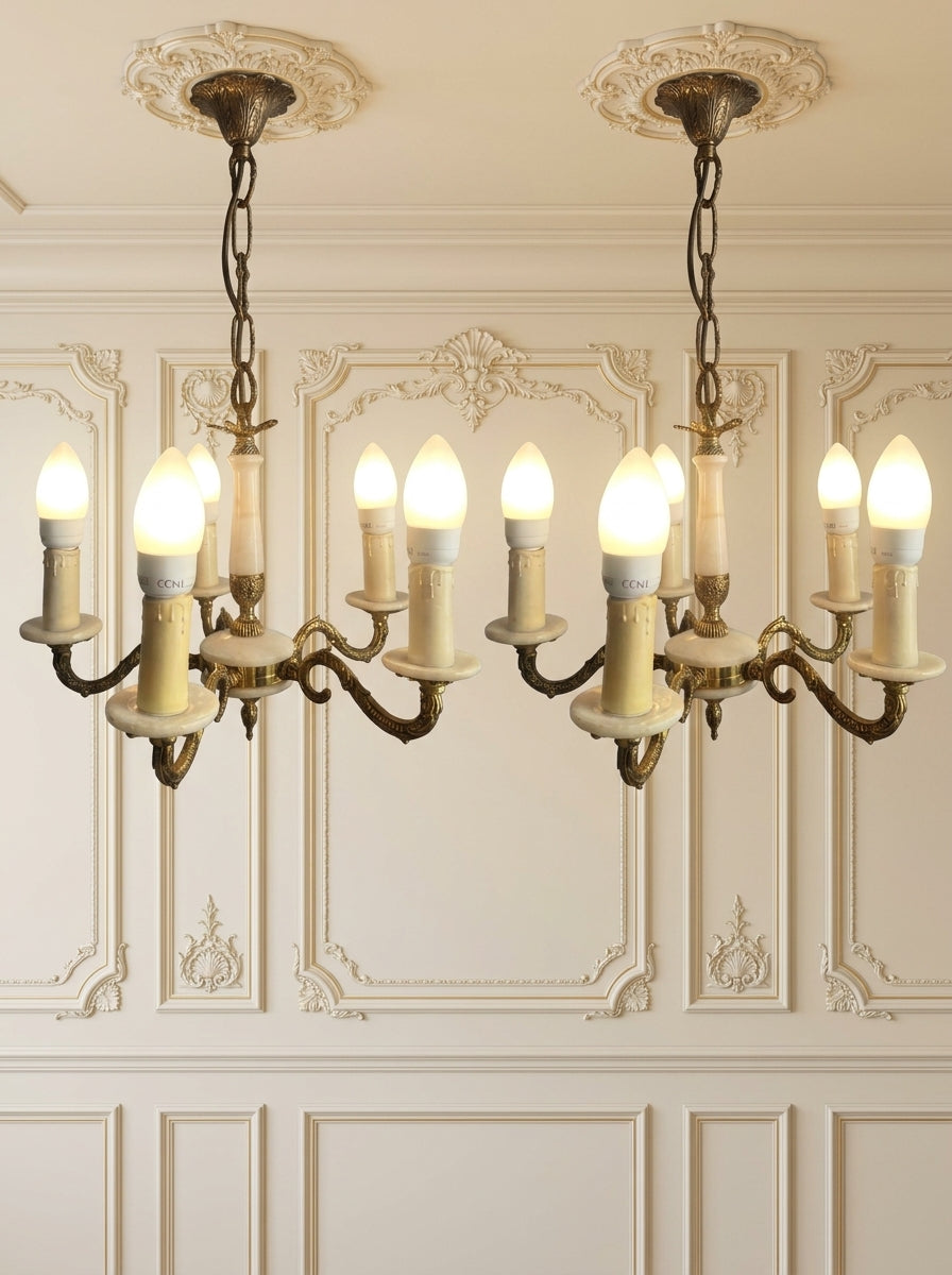 Vintage Italian Alabaster Chandelier, Brass Bronze 5 Arm Light, Mid Century Ceiling Light