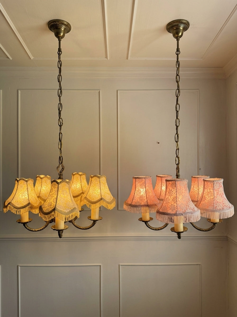 Vintage Brass 5 Arm Chandelier with Lace Tassel Lampshades