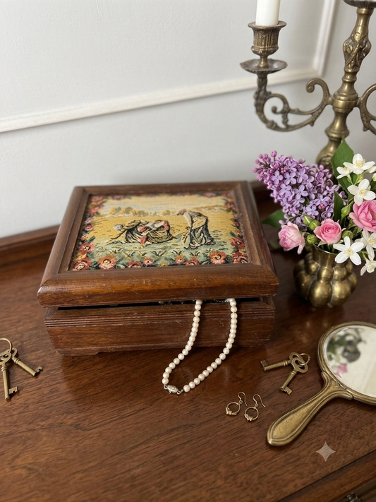 Vintage Wooden Jewellery Box with Tapestry Top