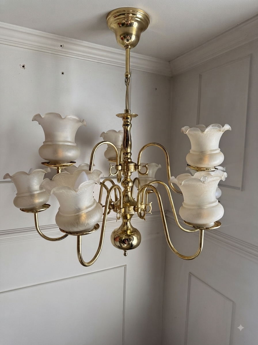 Vintage Dutch Brass Chandelier – 9 Light Baroque Style Ceiling Lighting