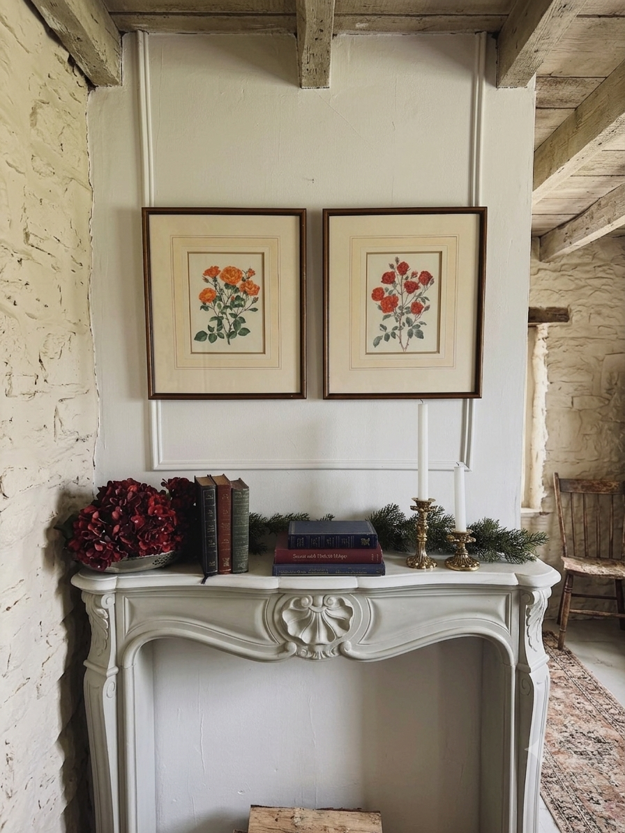 Vintage Signed Floral Rustic Print Art Set Frame Pair