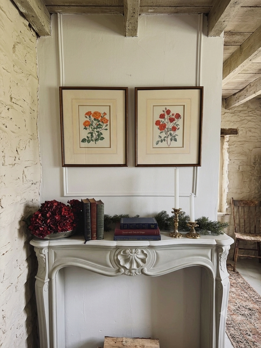 Vintage Signed Floral Rustic Print Art Set Frame Pair