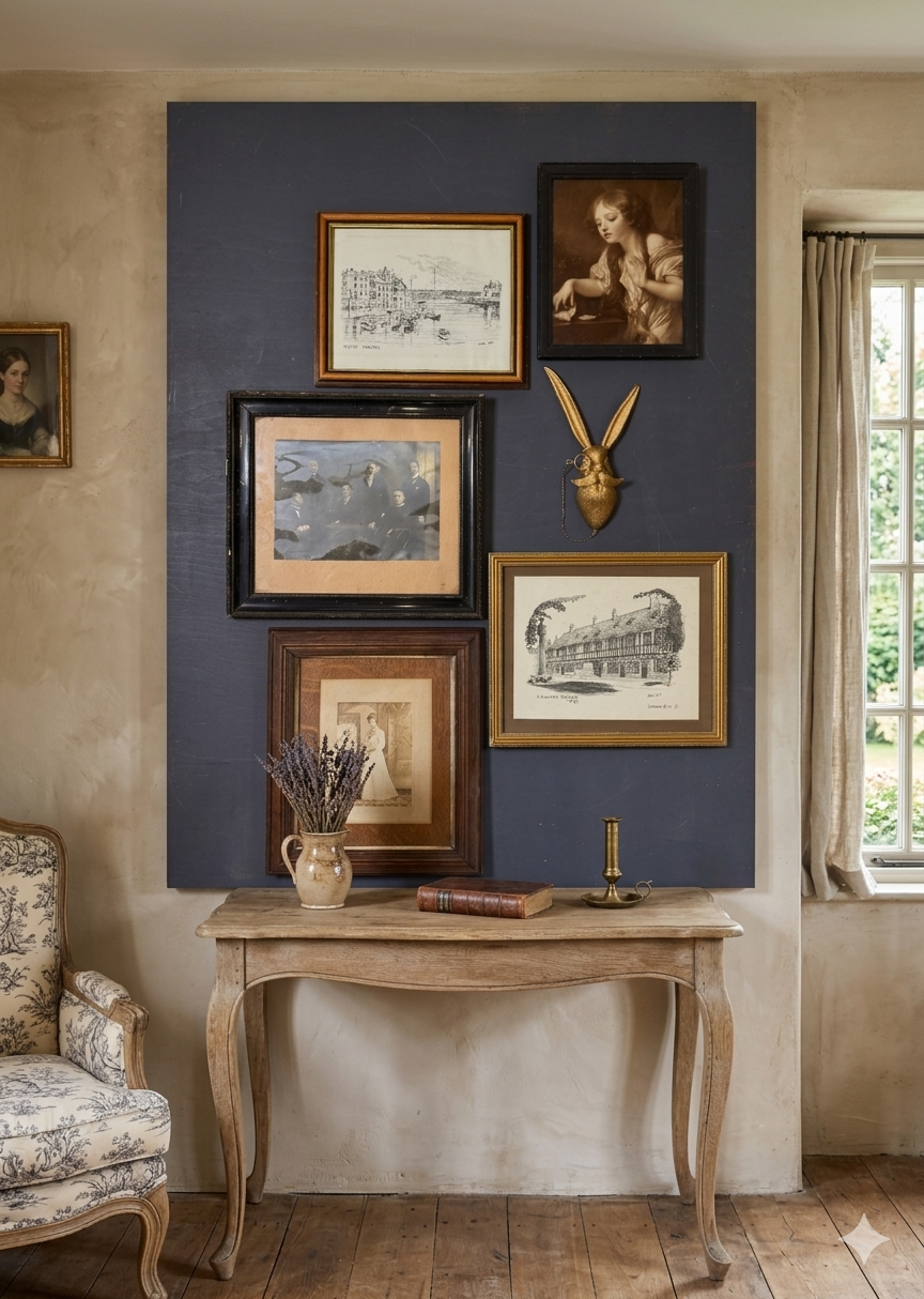 Vintage Gallery Wall Set – Gold & Black Wooden Frames with Resin Rabbit