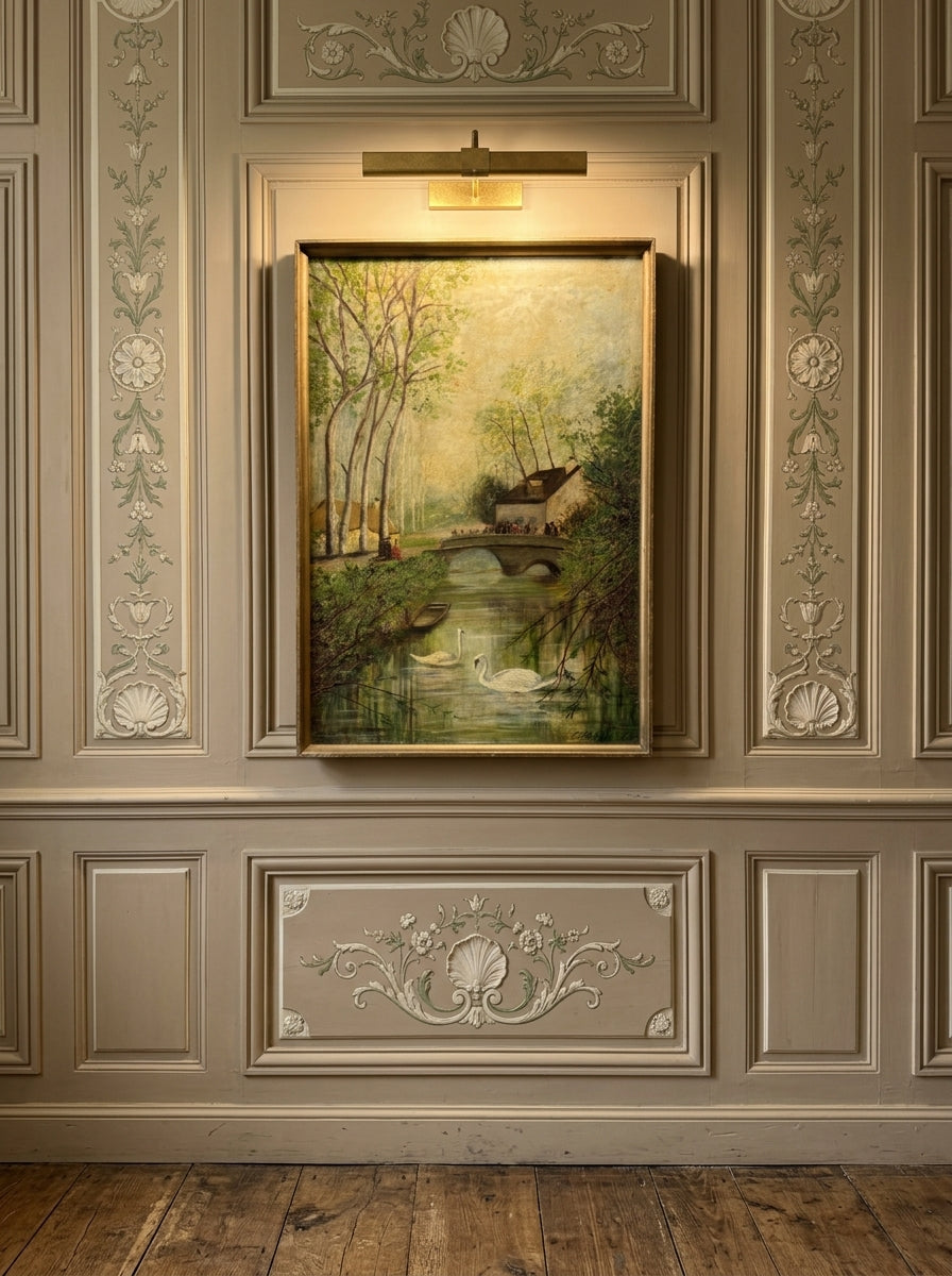 Swans by the Boathouse – Original Oil Painting by H. Hutchings, 1970