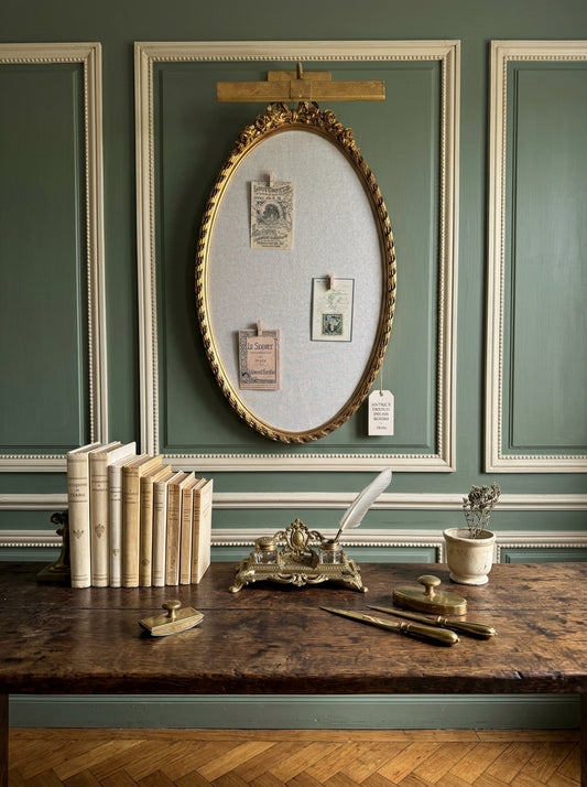Vintage French-Style Gilt Oval Bulletin Board – Fabric Notice Board with Bow, c.1958
