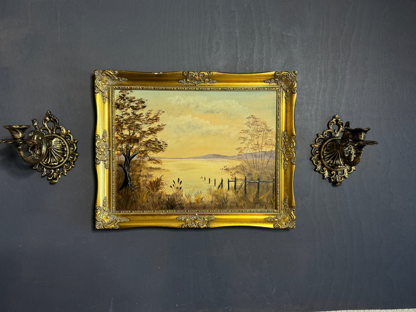 Signed Vintage Oil Painting in a Gold Gilt Frame - The Lake by M. Lonsdale (1969)