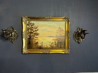 Signed Vintage Oil Painting in a Gold Gilt Frame - The Lake by M. Lonsdale (1969)