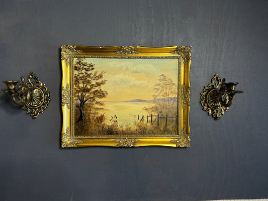 Signed Vintage Oil Painting in a Gold Gilt Frame - The Lake by M. Lonsdale (1969)