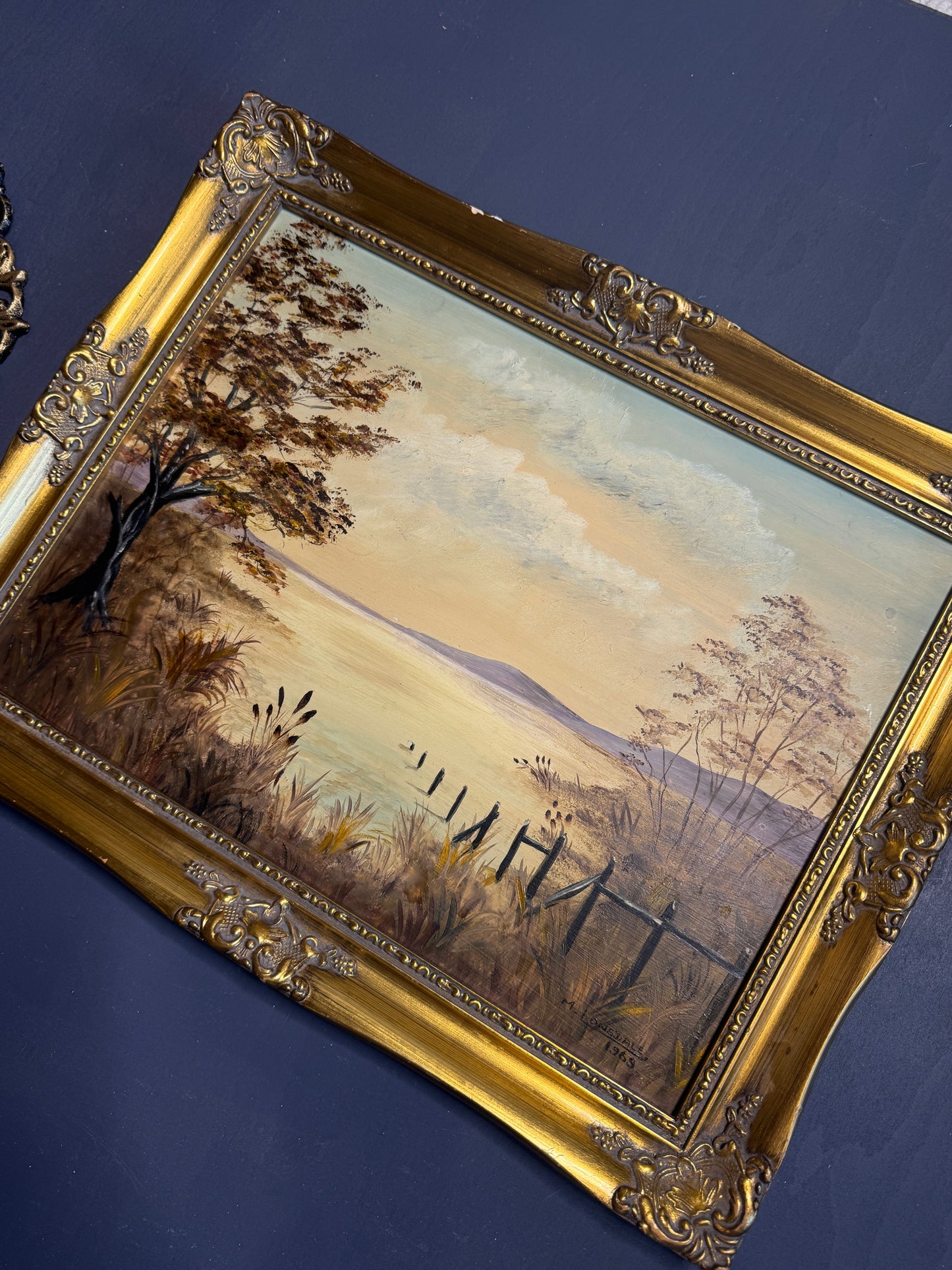 Signed Vintage Oil Painting in a Gold Gilt Frame - The Lake by M. Lonsdale (1969)