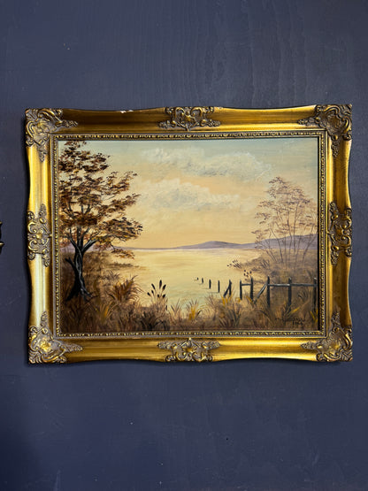 Signed Vintage Oil Painting in a Gold Gilt Frame - The Lake by M. Lonsdale (1969)