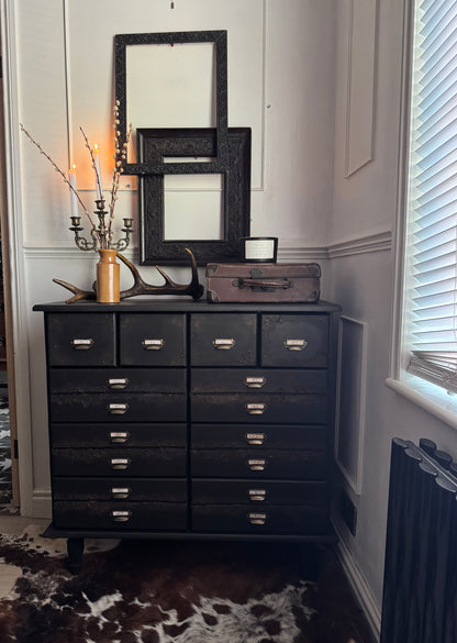 Black Apothecary Style Chest of Drawers |  Distressed Vintage Pine Dresser | | Rustic Storage Unit
