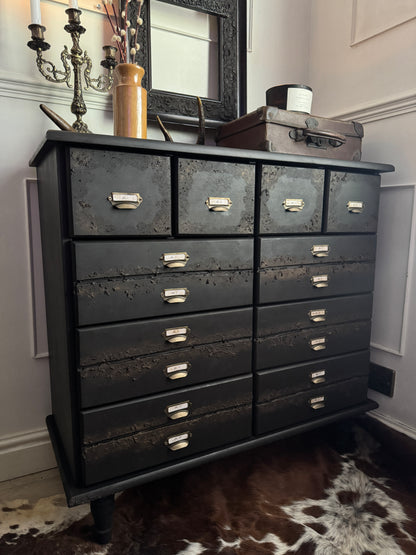 Black Apothecary Style Chest of Drawers |  Distressed Vintage Pine Dresser | | Rustic Storage Unit