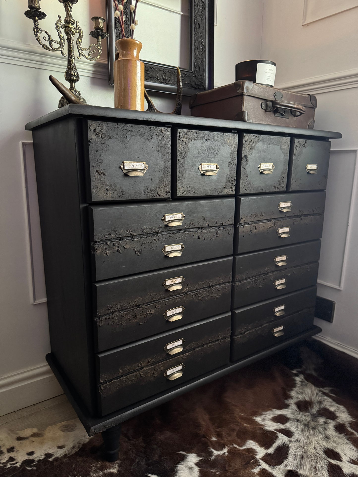 Black Apothecary Style Chest of Drawers |  Distressed Vintage Pine Dresser | | Rustic Storage Unit