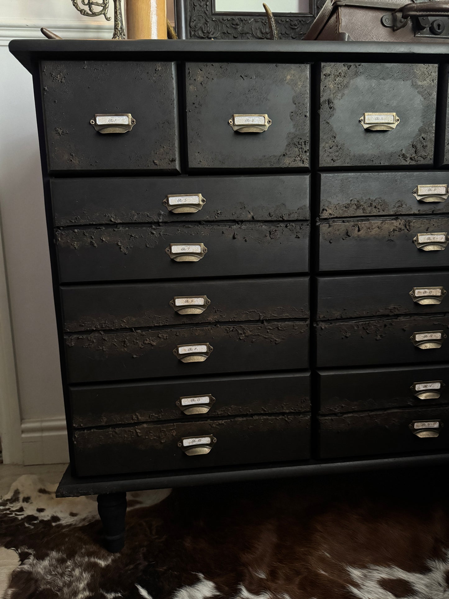 Black Apothecary Style Chest of Drawers |  Distressed Vintage Pine Dresser | | Rustic Storage Unit