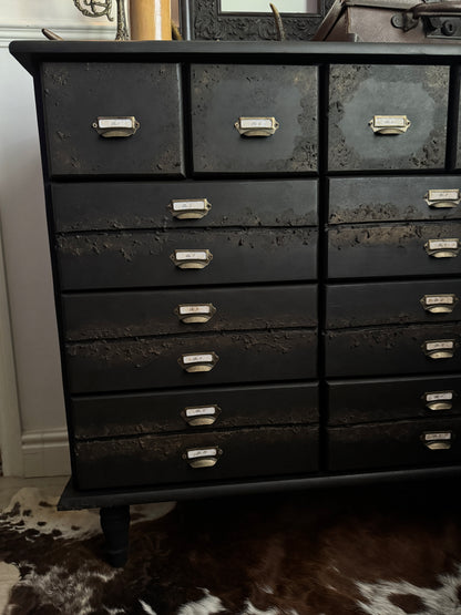 Black Apothecary Style Chest of Drawers |  Distressed Vintage Pine Dresser | | Rustic Storage Unit