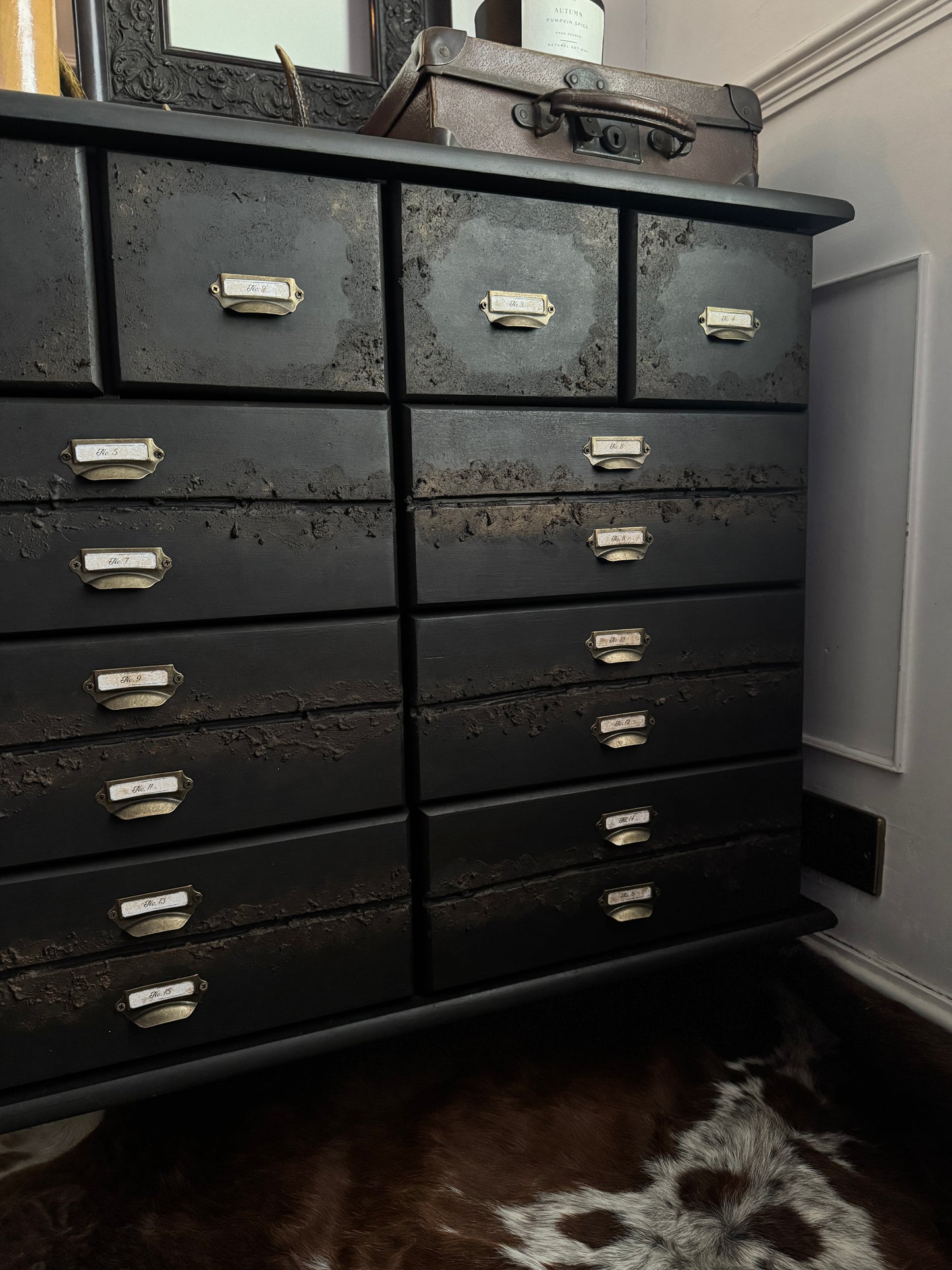 Black Apothecary Style Chest of Drawers |  Distressed Vintage Pine Dresser | | Rustic Storage Unit