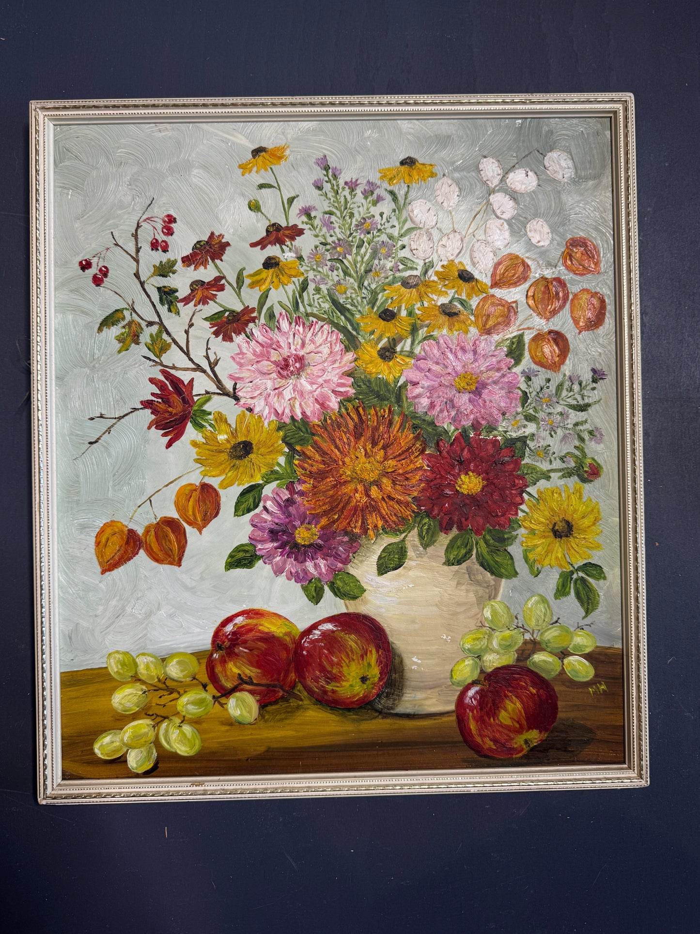 Elegant Vintage Floral Oil Painting in White Slim Frame