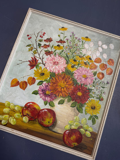 Elegant Vintage Floral Oil Painting in White Slim Frame