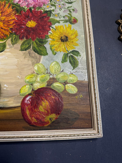 Elegant Vintage Floral Oil Painting in White Slim Frame