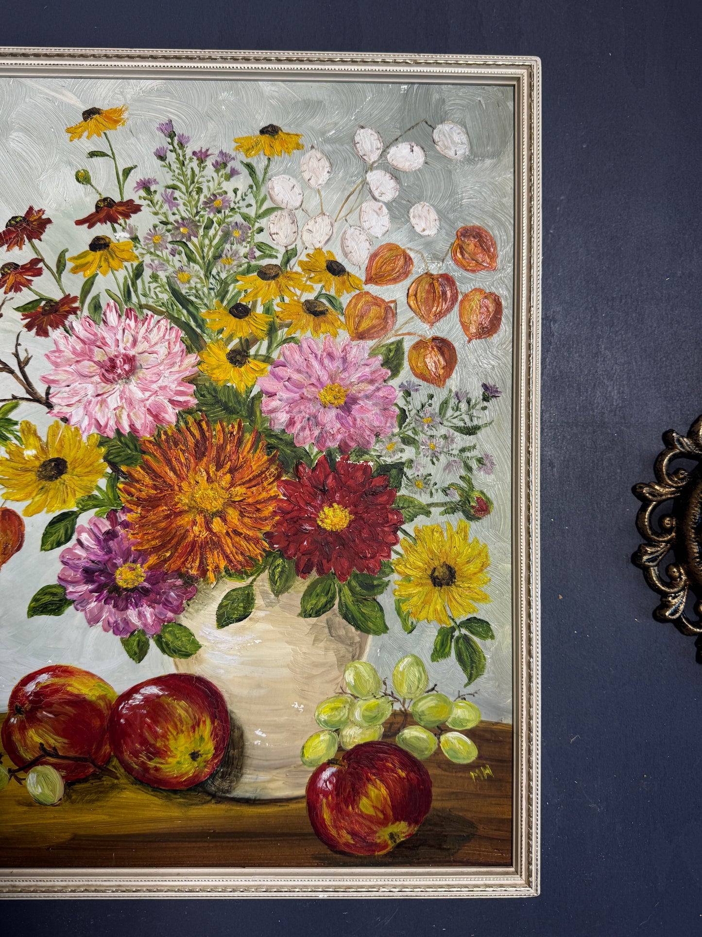 Elegant Vintage Floral Oil Painting in White Slim Frame