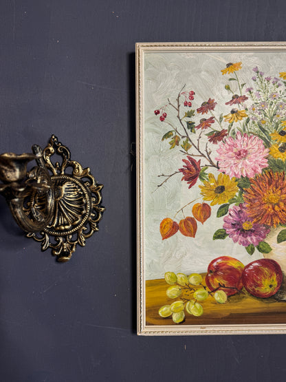 Elegant Vintage Floral Oil Painting in White Slim Frame