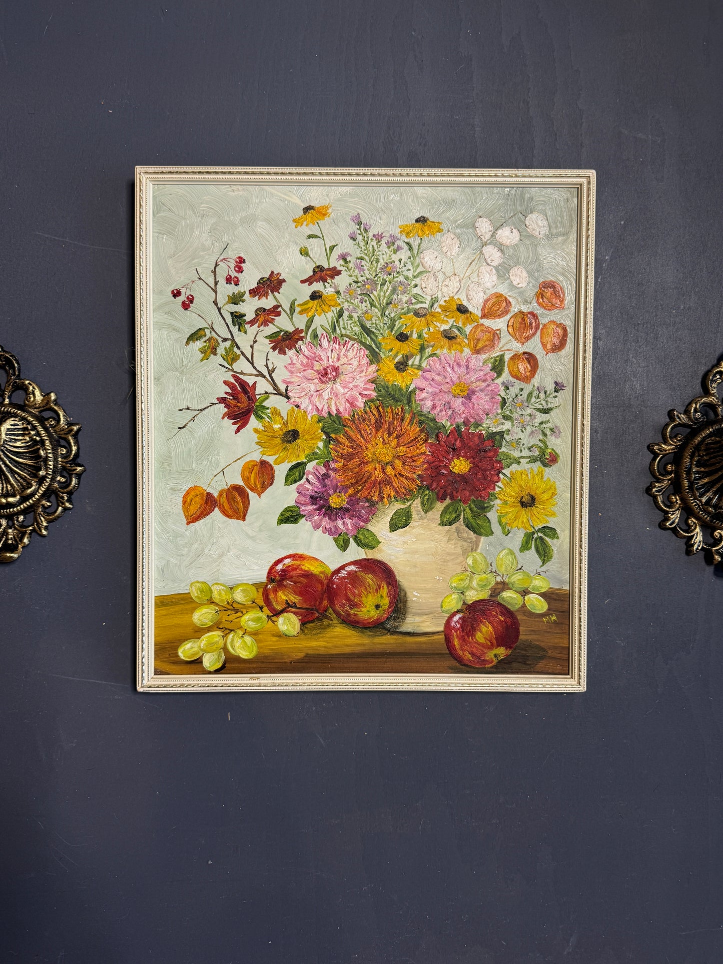 Elegant Vintage Floral Oil Painting in White Slim Frame