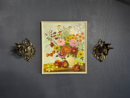 Elegant Vintage Floral Oil Painting in White Slim Frame