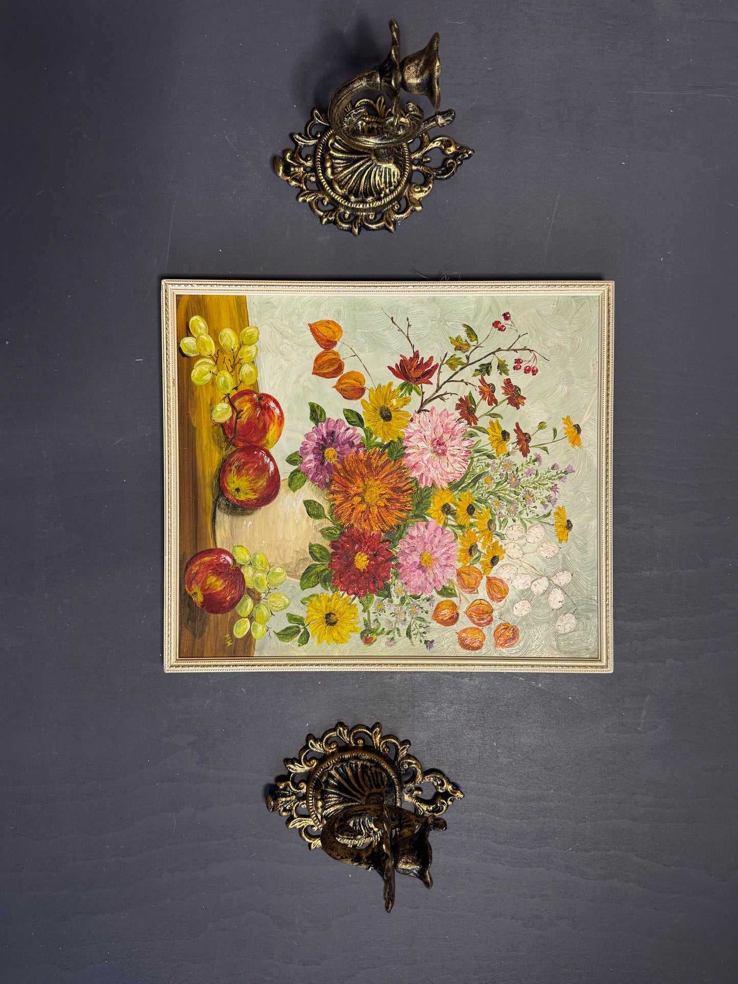 Elegant Vintage Floral Oil Painting in White Slim Frame