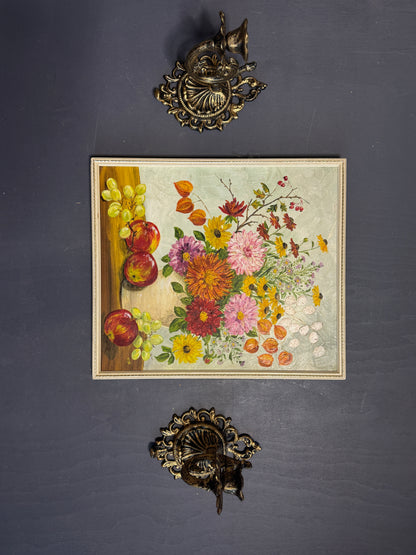 Elegant Vintage Floral Oil Painting in White Slim Frame