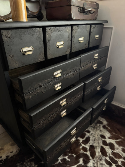 Black Apothecary Style Chest of Drawers |  Distressed Vintage Pine Dresser | | Rustic Storage Unit