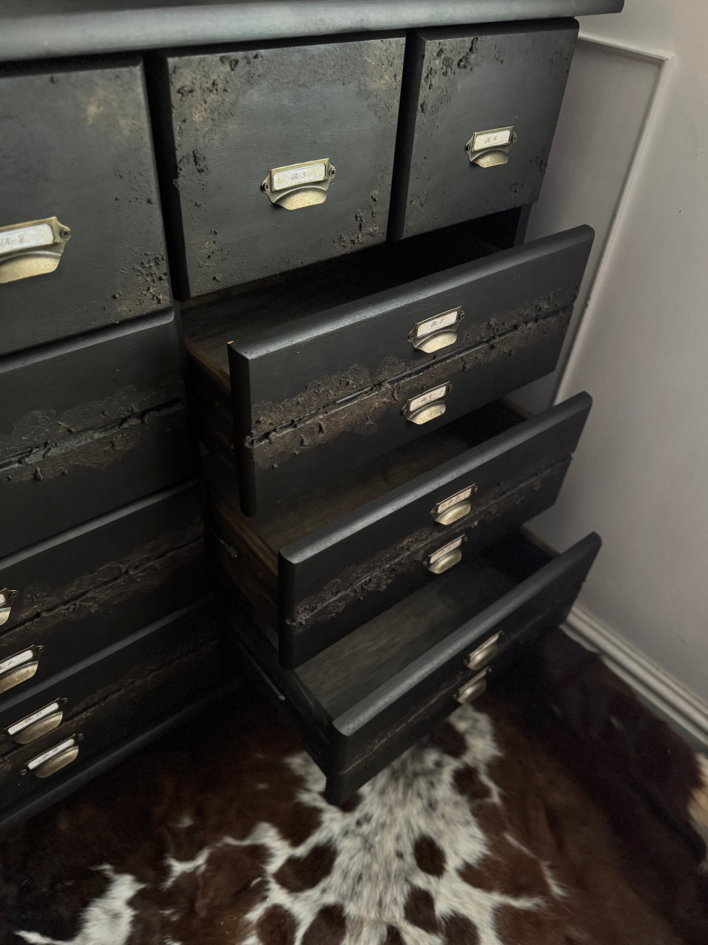 Black Apothecary Style Chest of Drawers |  Distressed Vintage Pine Dresser | | Rustic Storage Unit