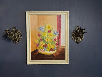 Vintage Floral Oil Painting in White Frame- Spring Blooms at Kilnwick