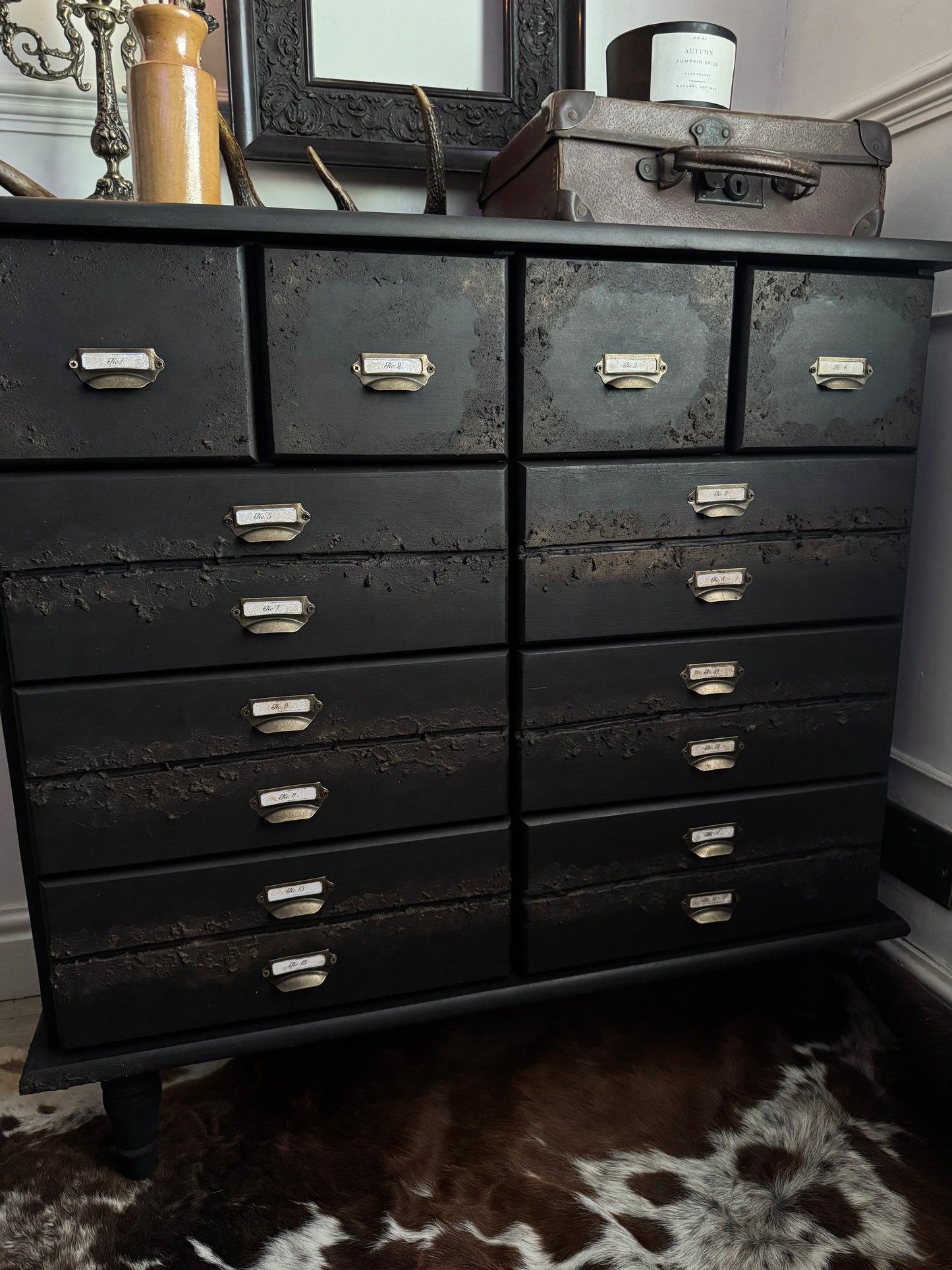 Black Apothecary Style Chest of Drawers |  Distressed Vintage Pine Dresser | | Rustic Storage Unit