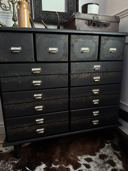 Black Apothecary Style Chest of Drawers |  Distressed Vintage Pine Dresser | | Rustic Storage Unit