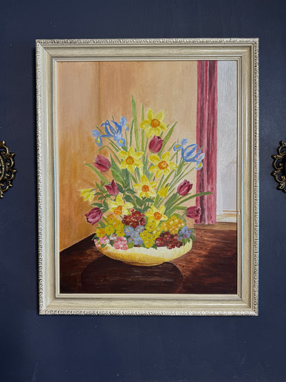 Vintage Floral Oil Painting in White Frame- Spring Blooms at Kilnwick