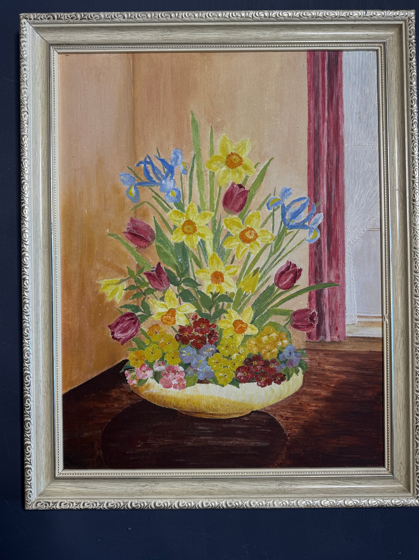 Vintage Floral Oil Painting in White Frame- Spring Blooms at Kilnwick