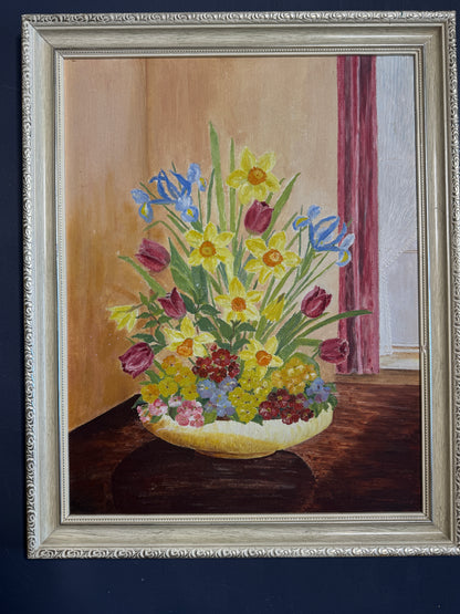 Vintage Floral Oil Painting in White Frame- Spring Blooms at Kilnwick