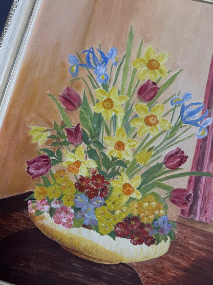 Vintage Floral Oil Painting in White Frame- Spring Blooms at Kilnwick