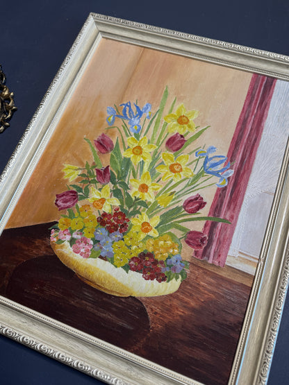 Vintage Floral Oil Painting in White Frame- Spring Blooms at Kilnwick