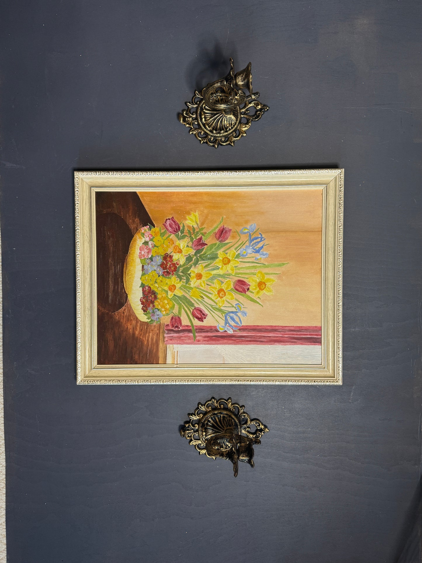 Vintage Floral Oil Painting in White Frame- Spring Blooms at Kilnwick