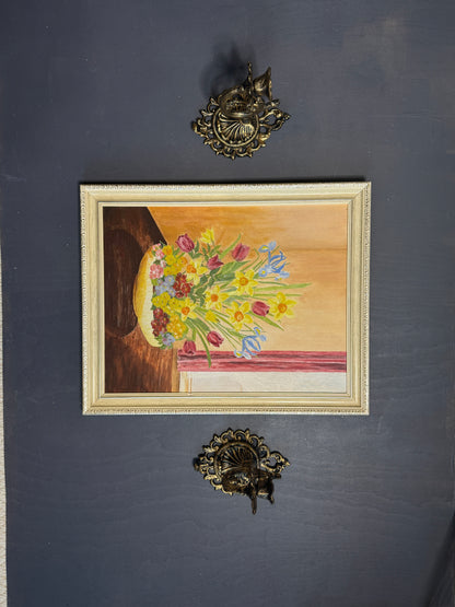 Vintage Floral Oil Painting in White Frame- Spring Blooms at Kilnwick